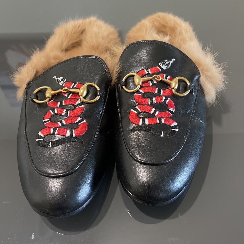 Gucci Women Black Leather Horsebit Princetown Snake Fur Slippers Size 35 EU 5 US